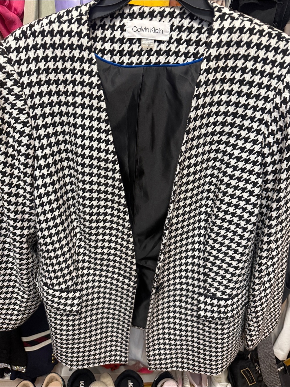 Calvin Klein Black & White Houndstooth Open-Front Blazer